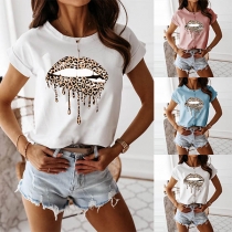 Fashion Leopard Lip Printed Short Sleeve Round Neck T-shirt
