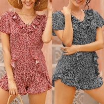Sweet Style Short Sleeve V-neck Ruffle Printed Romper