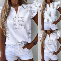 Fashion Pineapple/Letters Printed Lotus Sleeve V-neck Top