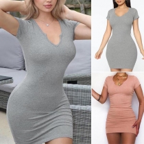 Fashion Solid Color Short Sleeve V-neck Slim Fit Dress