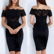 Sexy Lace Spliced Short Sleeve Boat Neck Slim Fit Dress