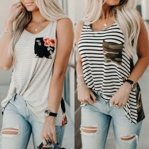 Fashion Printed Spliced Round Neck Striped Tank Top