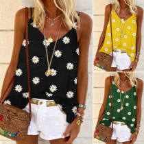 Casual Style Daisy Printed Round Neck Tank Top