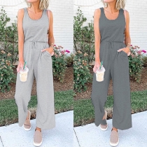 Fashion Solid Color Sleeveless Round Neck Jumpsuit