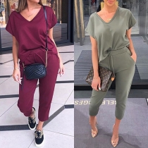 Fashion Short Sleeve V-neck Top + Pants Two-piece Set