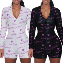 Sexy V-neck Long Sleeve Slim Fit Printed Romper