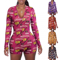 Sexy V-neck Long Sleeve Slim Fit Printed Romper
