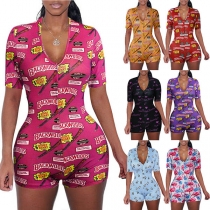 Sexy V-neck Short Sleeve Slim Fit Printed Romper