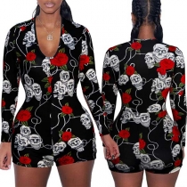 Sexy V-neck Long Sleeve Skull Head Printed Romper