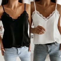 Sexy Backless V-neck Lace Spliced Solid Color Sling Top