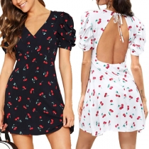 Sexy Backless V-neck Short Sleeve Cherry Printed Dress