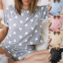 Fashion Heart Printed Short Sleeve T-shirt + Shorts Two-piece Set