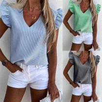 Fashion Lotus Sleeve V-neck Striped Top