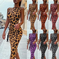 Fashion Sleeveless Mock Neck Leopard Printed Dress