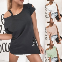 Sexy Off-shoulder Short Sleeve Solid Color Ripper T-shirt