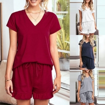 Fashion Solid Color Short Sleeve V-neck Top + Shorts Two-piece Set