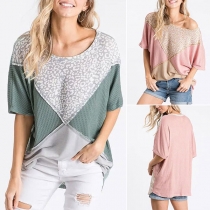 Fashion Contrast Color Short Sleeve Round Neck Loose T-shirt
