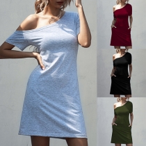 Sexy Oblique Shoulder Short Sleeve Solid Color T-shirt Dress