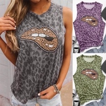 Chic Style Lip Pattern Sleeveless Leopard Printed T-shirt