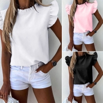 Fashion Solid Color Lotus Sleeve Round Neck Top