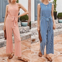 Fashion Sleeveless Round Neck High Waist Striped Jumpsuit