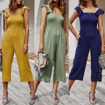Fashion Solid Color High Waist Square Collar Sleeveless Jumpsuit