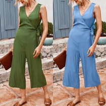 Sexy V-neck Sleeveless High Waist Solid Color Jumpsuit