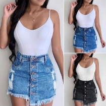 Fashion High Waist Frayed Hem Single-breasted Denim Skirt
