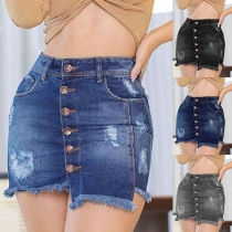 Fashion High Waist Frayed Hem Front-button Denim Skirt