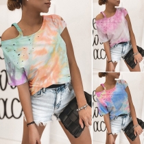 Sexy Off-shoulder Short Sleeve Tie-dye Printed T-shirt