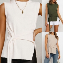 Fashion Solid Color Sleeveless Round Neck Slit Hem Lace-up Top