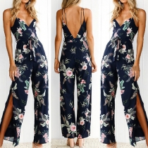 Sexy Backless V-neck Slit Hem High Waist Printed Sling Jumpsuit