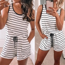 Fashion Sleeveless Round Neck Drawstring Waist Striped Romper