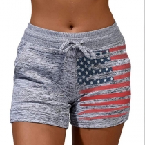 Fashion High Waist American Flag Printed Sports Shorts