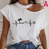 Sexy Off-shoulder Short Sleeve Printed T-shirt