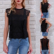Sexy Sleeveless Round Neck See-through Lace Top