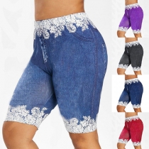 Fashion High Waist Lace Spliced Knee-length Shorts