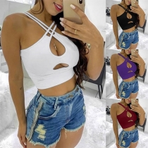 Sexy Solid Color Crossover Hollow Out Crop Top
