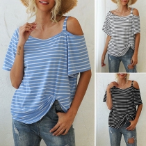 Sexy Off-shoulder Short Sleeve Twisted Hem Striped T-shirt