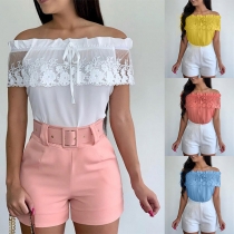 Sexy Lace Spliced Boat Neck Solid Color Top