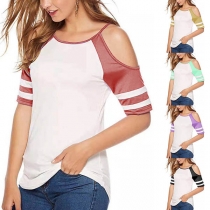 Sexy Off-shoulder Short Sleeve Contrast Color T-shirt