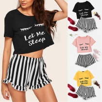 Fashion Letters Printed T-shirt + Striped Shorts Two-piece Set