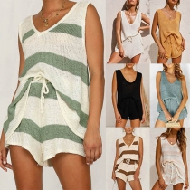 Fashion Sleeveless V-neck Knit Top + Shorts Two-piece Set