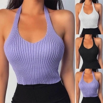Sexy Backless Solid Color Halter Knit Top