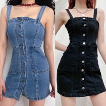 Sexy Backless Single-breasted Slim Fit Sling Denim Dress (Size falls small)