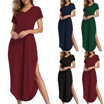 Fashion Solid Color Short Sleeve V-neck Slit Hem Dress