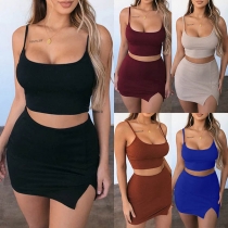 Sexy Backless Sling Crop Top + Slit Hem Skirt Two-piece Set