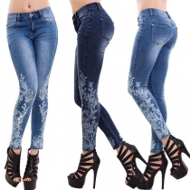 Fashion High Waist Slim Fit Lace Spliced Jeans