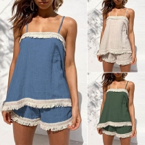 Sexy Backless Tassel Spliced Sling Top + Shorts Two-piece Set