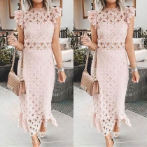 Sexy Sleeveless Mock Neck Slim Fit Hollow Out Lace Dress